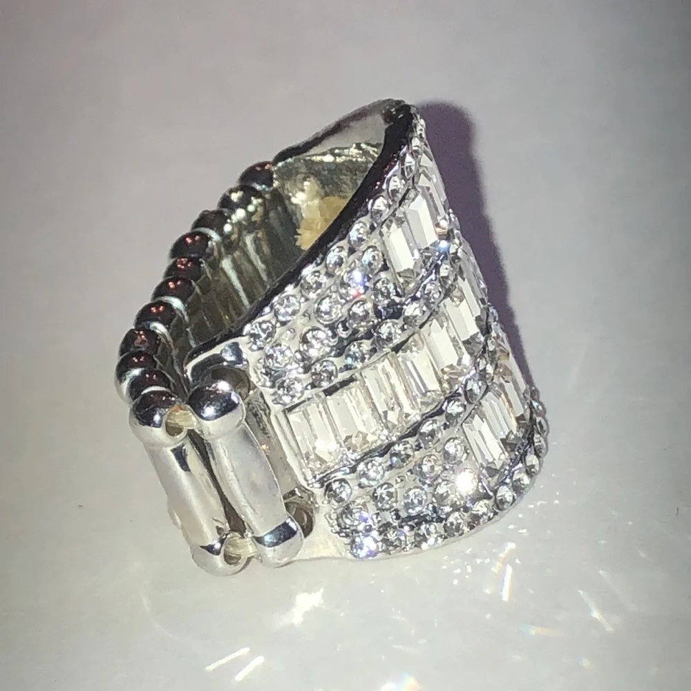 Silver Tone Crystal Pave Wide Band Boho Ring